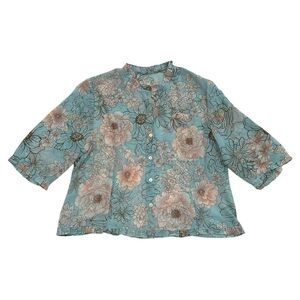 Unbranded Light Blue Semi Sheer Floral Cropped Button Up Ruffle Hem